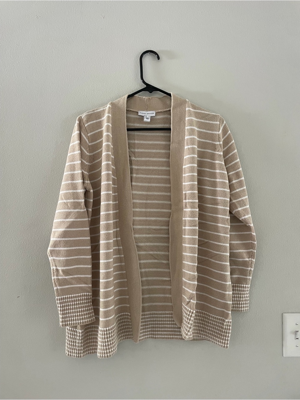 Susan Graver Tan and White Knit Striped Open-Front Cardigan